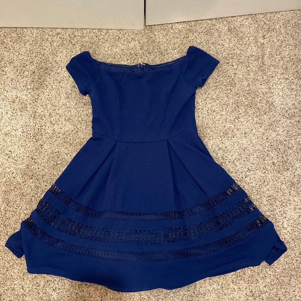Navy blue Francesca’s formal off-the-shoulder dress